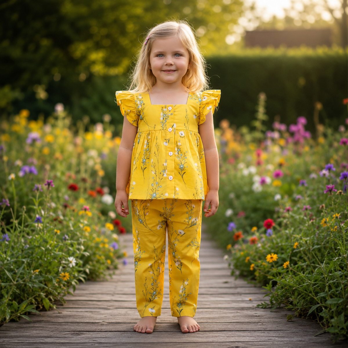 Girls Yellow Floral 2-Piece Outfit - Model Shot