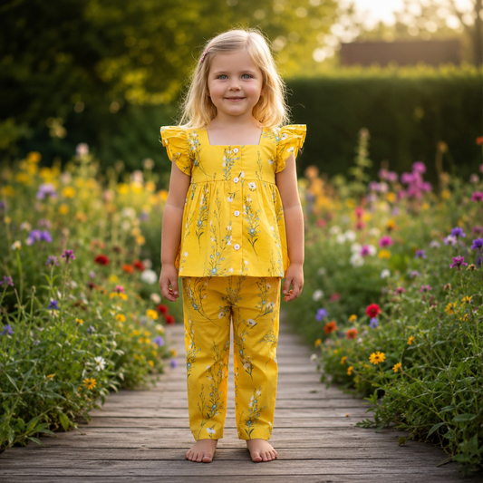 Girls Yellow Floral 2-Piece Outfit - Model Shot