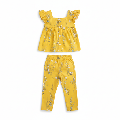 Girls Yellow Floral Outfit - Flat Lay